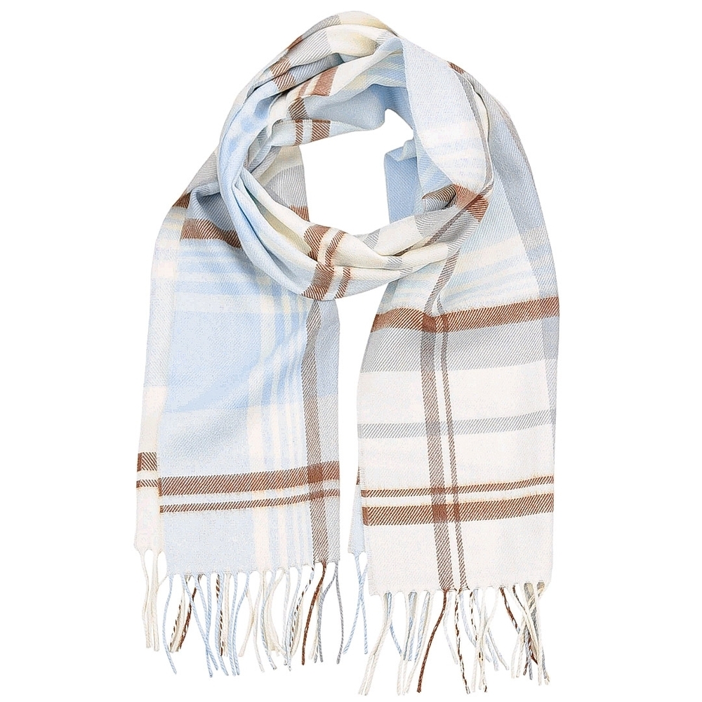 New Wilsons Leather Goods Pastel Blue Grey & Cream D&Y Camel Check Fringe Scarf